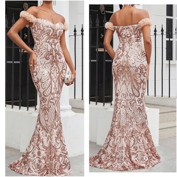 Luxe Sequin Mesh Off Shoulder Mermaid hem Formal prom Wedding Dress - Picture 2 of 7